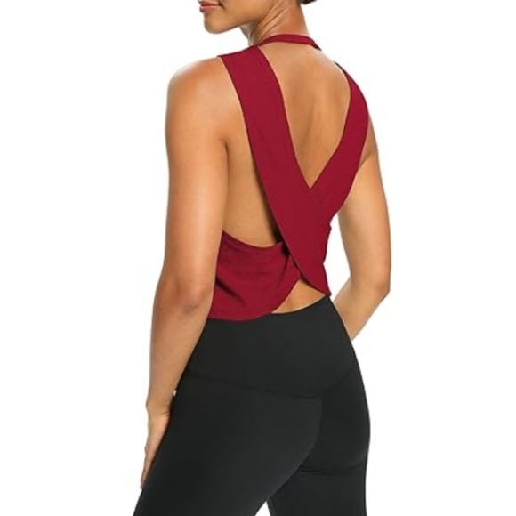 Bestisn Open Back Workout Cropped Loose Fit Ribbed Athletic Top Red - Picture 5 of 6